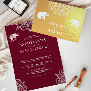 Tarjeta Con Relieve Metalizado Elefante Indio Boda Dorada Henna Borgoña