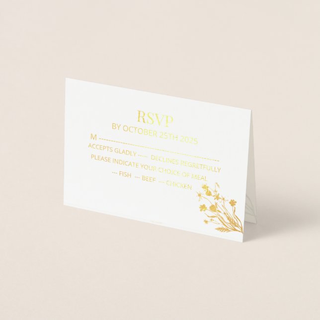 Tarjeta Con Relieve Metalizado Elegant Wildflower Wedding RSVP Card (Anverso)