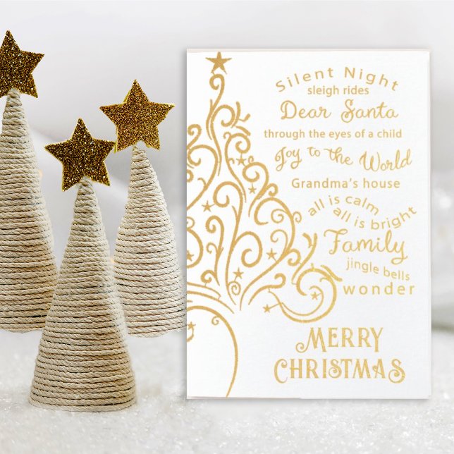 Tarjeta Con Relieve Metalizado Elegante árbol de Navidad artístico sobre blanco (Enjoy the holidays with this swirly elegant gold foil card with words surrounding Christmas.)