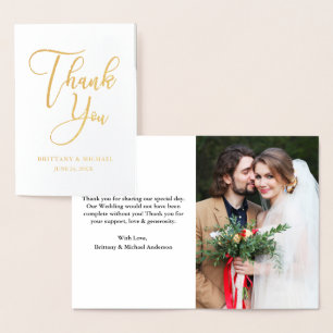 Tarjeta Con Relieve Metalizado Elegante Boda Gracias Foto Oro
