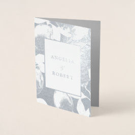 Tarjeta Con Relieve Metalizado Elegante Boda Plata Lemones y Foliage Real