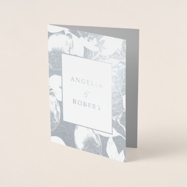 Tarjeta Con Relieve Metalizado Elegante Boda Plata Lemones y Foliage Real (Anverso)