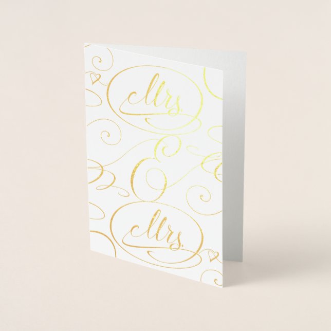 Tarjeta Con Relieve Metalizado Elegante caligrafía Sra. y Boda Lesbiana (Anverso)