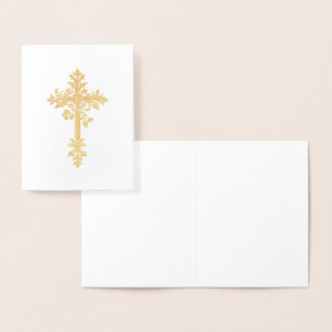 Tarjeta Con Relieve Metalizado Elegante Cruz Católica Oro Cristiana Religiosa