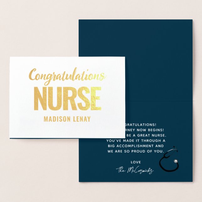 Tarjeta Con Relieve Metalizado Elegante enfermera graduada Marina Oro Azul (Demostración)