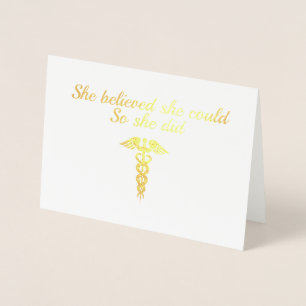 Tarjeta Con Relieve Metalizado Elegante estudiante de posgrado Gold Caduceus Nomb