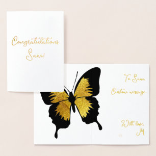 TARJETA CON RELIEVE METALIZADO ELEGANTE FELICITACIONES DE ORO DE LA MARIPOSA