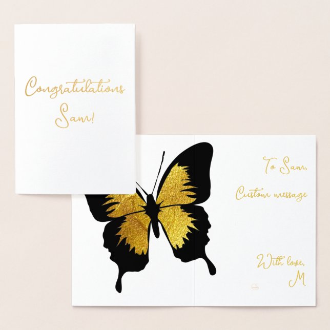 TARJETA CON RELIEVE METALIZADO ELEGANTE FELICITACIONES DE ORO DE LA MARIPOSA (Demostración)