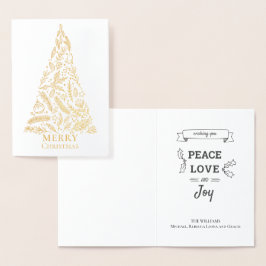 Tarjeta Con Relieve Metalizado Elegante Feliz Árbol de Navidad Foliage Gold