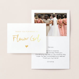 Tarjeta Con Relieve Metalizado Elegante Flower Girl Gracias Foto Oro