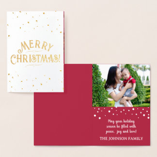 Tarjeta Con Relieve Metalizado Elegante Foto Navidad Roja Dorado/Plata