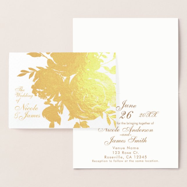 Tarjeta Con Relieve Metalizado Elegante Glamour Oro Foil Rosa Floral Boda (Demostración)