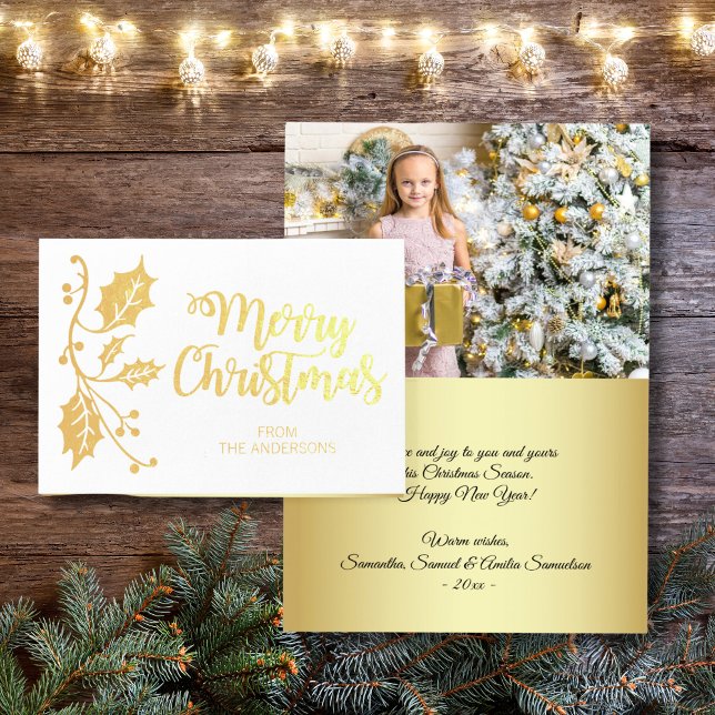 Tarjeta Con Relieve Metalizado Elegante Holly Merry Christmas Greet FOTO Gold (Elegant Holly Merry Christmas Greeting PHOTO Gold Foil Card)