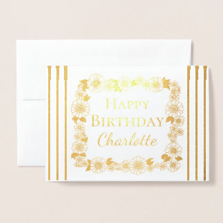 Tarjeta Con Relieve Metalizado Elegante marco floral Feliz cumpleaños Real Gold
