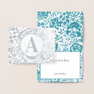 Tarjeta Con Relieve Metalizado Elegante Monograma floral Verde azulado dorado o p