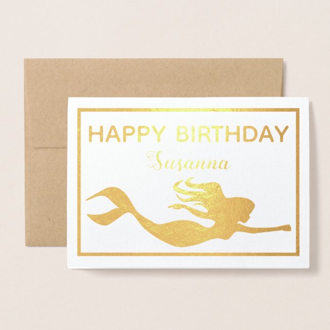 Tarjeta Con Relieve Metalizado Elegante Sirena de Oro Feliz Cumpleaños Real (Anverso con sobre)