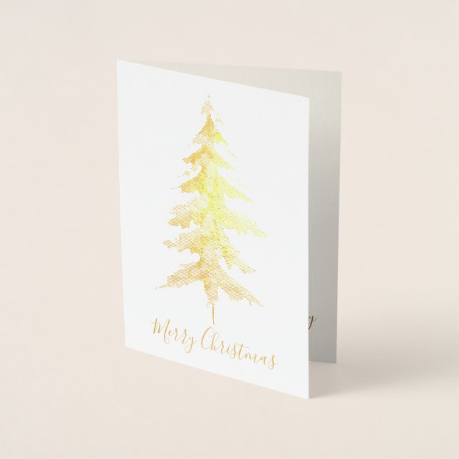 Tarjeta Con Relieve Metalizado Elegante Tall Gold Merry Christmas Tree Photo Real (Anverso)