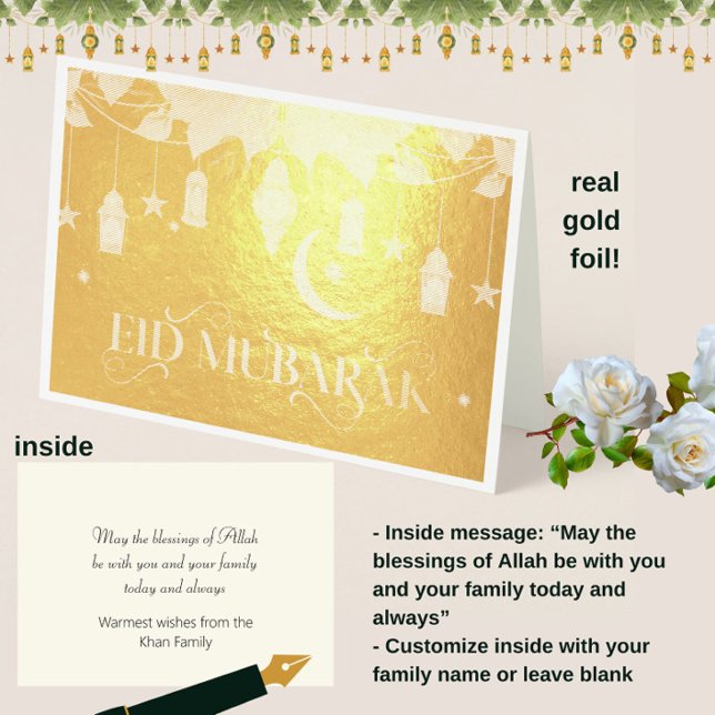 Tarjeta Con Relieve Metalizado Elegantes Linternas de Eid Mubarak Oro + Luna (Spread the joy of Eid with these real gold foil elegant "Eid Mubarak" customizable cards!)