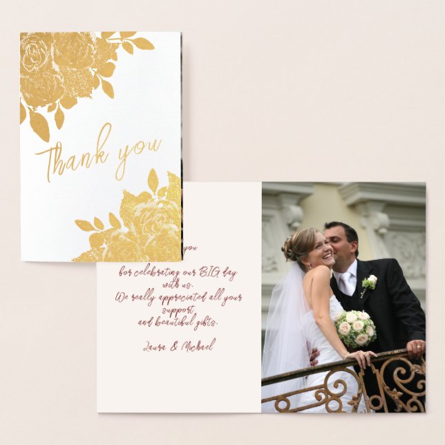Tarjeta Con Relieve Metalizado Elegantes Rosas de oro Boda Gracias Real (Demostración)