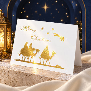 Tarjeta Con Relieve Metalizado Elegantes Tres Reyes Magos de Navidad con Hojuela