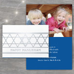 Tarjeta Con Relieve Metalizado Estrella de David Happy Hanukkah Techelet Blue 1 F<br><div class="desc">Envíe los elegantes deseos de Happy Hanukkah con una moderna tarjeta plegada de fotos personalizado. Todo el texto de esta plantilla es sencillo de personalizar. El diseño de los Relieves metalizados de color azul, blanco y plateado es geométrico, con un diseño de la estrella de David, una tipografía de arte...</div>