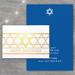 Tarjeta Con Relieve Metalizado Estrella de David Happy Hanukkah Techelet Blue Mod<br><div class="desc">Envíe los elegantes deseos de Happy Hanukkah con una moderna tarjeta plegada de fotos personalizado. Todo el texto de esta plantilla es sencillo de personalizar. El diseño de Relieve metalizado de color azul, blanco y dorado de la tecnología presenta un diseño geométrico de la estrella de David y una tipografía...</div>