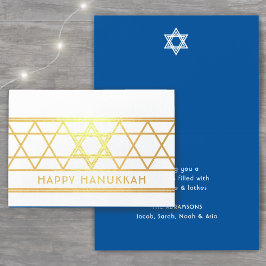 Tarjeta Con Relieve Metalizado Estrella de David Happy Hanukkah Techelet Blue Mod