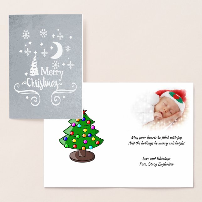Tarjeta Con Relieve Metalizado Estrellas, luna, copos de nieve, plata Navidad, ZS (Demostración)