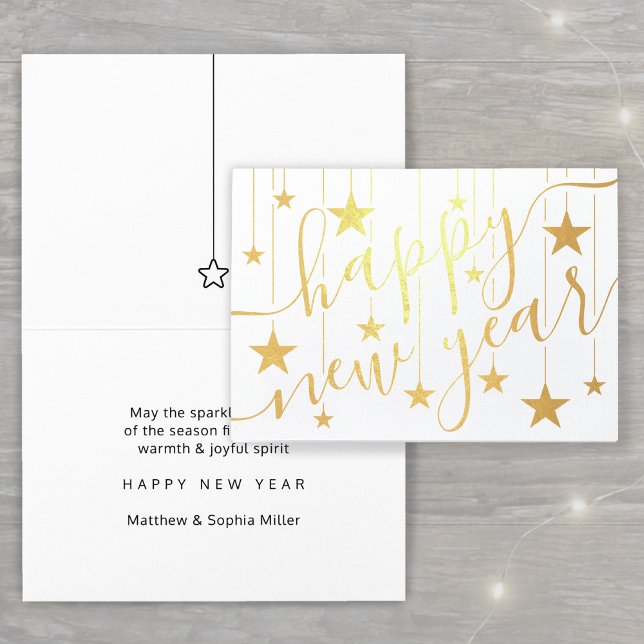 Tarjeta Con Relieve Metalizado Estrellas suspendidas Feliz Año Nuevo Moda escritu (Subido por el creador)