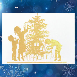 Tarjeta Con Relieve Metalizado Familia de árbol de navidad de silueta de oro de v