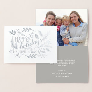 Tarjeta Con Relieve Metalizado Felices fiestas botánicas ramas Word Art Silver