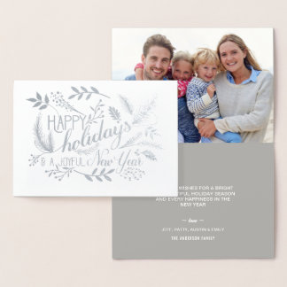 Tarjeta Con Relieve Metalizado Felices fiestas botánicas ramas Word Art Silver
