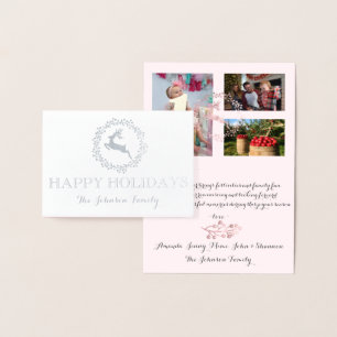 Tarjeta Con Relieve Metalizado Felices Fiestas Fotoreno Rosa Wreath