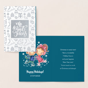 Tarjeta Con Relieve Metalizado Felices Fiestas. Niños que patinan   Custom Name L