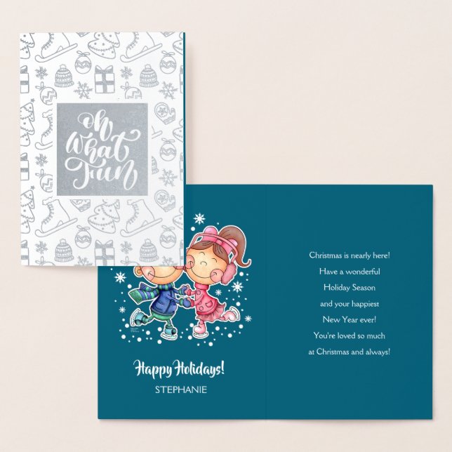 Tarjeta Con Relieve Metalizado Felices Fiestas. Niños que patinan | Custom Name L (Demostración)