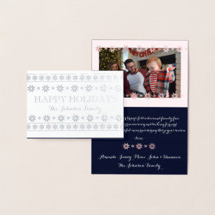 Tarjeta Con Relieve Metalizado Felices vacaciones foto Nieve Escándalo azul rosad