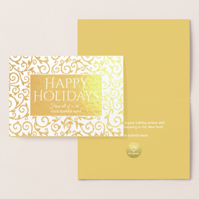 Tarjeta Con Relieve Metalizado Felices vacaciones Gold Damask Typography Business (Demostración)