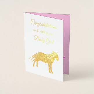 Tarjeta Con Relieve Metalizado Felicitaciones a la bebé rosa de bonito Unicorn