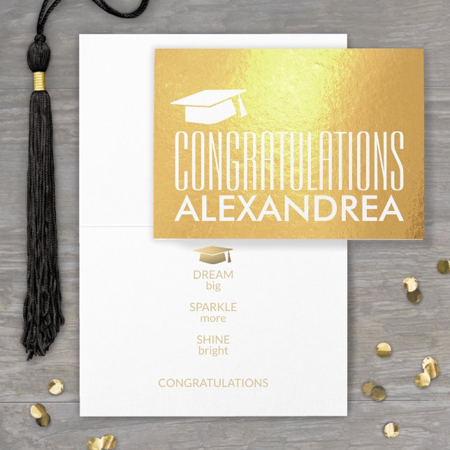 Tarjeta Con Relieve Metalizado Felicitaciones Nombre Graduación Oro Moderno Real (Subido por el creador)