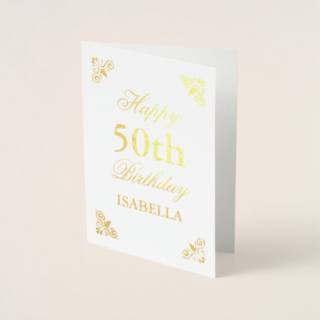 Tarjeta Con Relieve Metalizado Feliz 50 cumpleaños elegante (Anverso)
