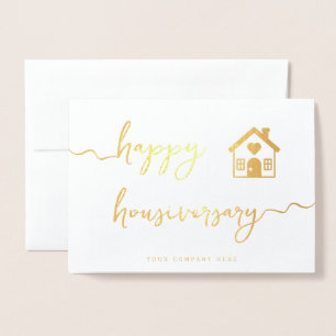 Tarjeta Con Relieve Metalizado Feliz aniversario de vivienda con guión de papel d