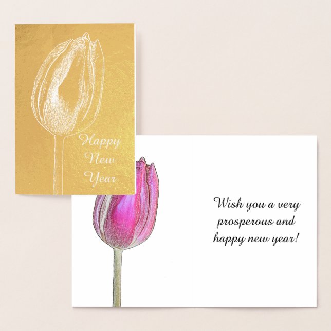 Tarjeta Con Relieve Metalizado Feliz Año Nuevo Tulip Floral Flor rosa arte fotogr (Demostración)