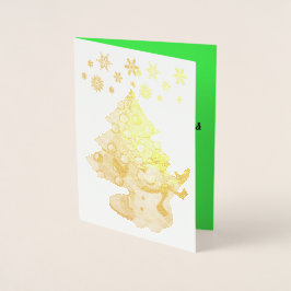 Tarjeta Con Relieve Metalizado Feliz árbol de Navidad Snowman y copos de nieve