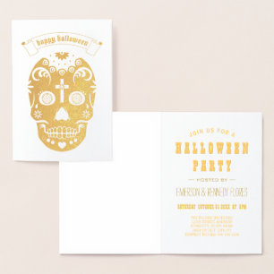 Tarjeta Con Relieve Metalizado Feliz Cráneo de Azúcar de Halloween