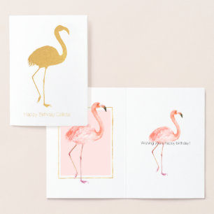 Tarjeta Con Relieve Metalizado Feliz cumpleaños de flamingo rosado