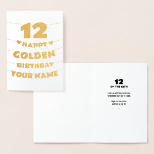 Tarjeta Con Relieve Metalizado Feliz cumpleaños dorado, Cumpleaños 12 dorado con