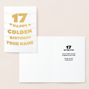 Tarjeta Con Relieve Metalizado Feliz cumpleaños dorado, Cumpleaños 17 dorado con