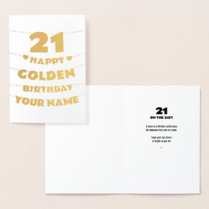 Tarjeta Con Relieve Metalizado Feliz cumpleaños dorado, cumpleaños número 21 con