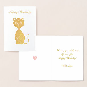 Tarjeta Con Relieve Metalizado Feliz Cumpleaños Gato Dorado