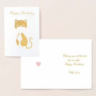 Tarjeta Con Relieve Metalizado Feliz Cumpleaños Gato Esmoquin Dorado